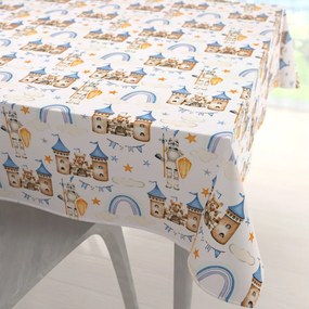 Biante Detský bavlnený štvorcový obrus Sandra SA-666 Modro-hnedé hrady a rytieri na bielom 150x150 cm