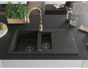 Mexen Matias, 1,5-komorový granitový drez 900x505x200 mm a drezová batéria Savita, čierna-zlatá metalíza, 6502-75-672601-50-B