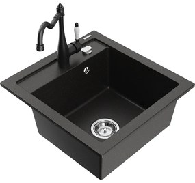 Mexen Vito, granitový drez 490x520x210 mm, 1-komorový a drezová batéria Carla, čierna-zlatá metalíza, 6503-75-670700-70