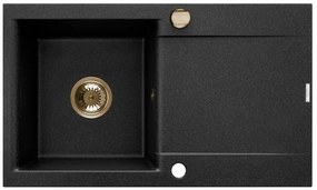Invena Tesalia, 1-komorový granitový drez s odkvapkávačom 760x440x160 mm a kuchynskou batériou Glamour s flexibilným ramenom + zlatý automatický sifón, INV-AZ-01-Z43-SET
