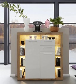 Vysoká komoda Rock, 121 cm, dub Wotan / biely lesk