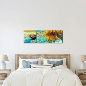 Obraz - Jazero s loďkami (s hodinami) (90x30 cm)