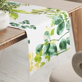 Biante Bavlnený behúň na stôl Sandra SA-244 Zelený eukalyptus na bielom 35x160 cm