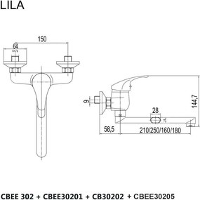 Mereo Lila, drezová nástenná batéria, 150 mm, s ramienkom plochým rovným 180 mm, chróm, MER-CBEE30205