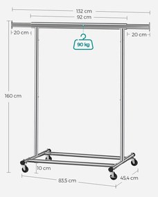 Stojan na oblečenie INEZ na kolieskach, max. 90 kg, 83,5x45x160cm, strieborná Jurhan