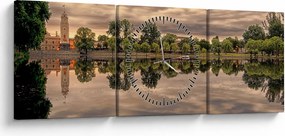 Obraz jazera a stromov (s hodinami) (90x30 cm)