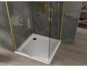 Mexen Omega, sprchovací kút s posuvnými dverami 100 (dvere) x 100 (stena) cm, 8mm číre sklo, zlatý profil + slim sprchová vanička 5cm, 825-100-100-50-00-4010