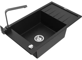 Mexen Elias, granitový drez granitový 795x480x200 mm, 1-komorový, čierna s chrómovým sifónom a čierna drezová batéria Rita, 6511-77-670300-70