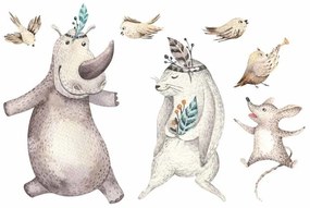 Gario Detská nálepka na stenu Forest team - nosorožec, zajačik, myška a vtáčiky Rozmery: 66 x 44 cm