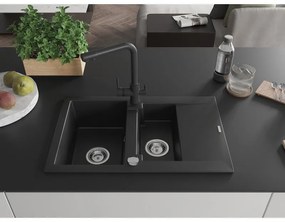 Mexen Gaspar, granitový drez 737x475x177 mm, 1,5-komorový, čierna batéria Duero, čierna, 6507-77-671600-70