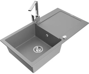 Mexen Leo, drez granitový 900x500x190 mm, 1-komorový, šedý s chrómovým sifónom a chrómová drezová batéria Rita, 6501-71-670300-00
