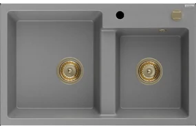 Mexen Tomas granitový dvojkomorový drez 800 x 500 mm, Šedá, Sifón Zlatá - 6516802000-71-G