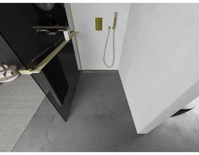 Mexen Kioto+ L, sprchová zástena Walk-In s poličkou a vešiakom 80 x 200 cm, 8mm šedé sklo, zlatý matný profil, 800-080-123-55-40