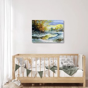 Sklenený obraz zimnej rieky, olejomaľba (70x50 cm)