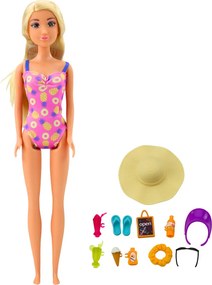 LEAN Toys Bábika Anlily na pláži – bazén, palma, stojan na nápoje a doplnky