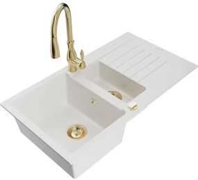 Mexen Matias, 1,5-komorový granitový drez 900x505x200 mm a drezová batéria Savita, biela, 6502-20-672601-50