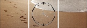 Obraz - stopy v piesku a more (s hodinami) (90x30 cm)
