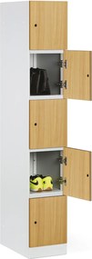 Šatníková skrinka S1 s úložnými boxmi, 5 boxov, 1850 x 300 x 500 mm, mechanický kódový zámok, laminované dvere, orech