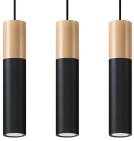 Závesné svietidlo Pablo, 3x drevené/čierne kovové tienidlo