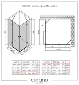 Cerano Marino Duo, sprchovací kút 120(dvere) x 90(dvere), 6mm číre sklo, chrómový profil, CER-CER-480232