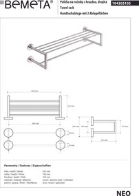 Bemeta Design NEO: Držiak uterákov, 600 mm, dvojitý, s hrazdou - 104205105