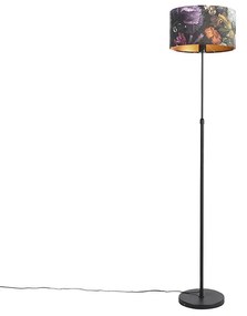 Stojaca lampa čierna s plyšovým tienidlom s kvetmi 35 cm - Parte