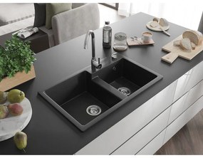 Mexen Tomas, granitový drez 800x500x190 mm, 2-komorový, čierna - strieborná metalíza, 6516802000-73