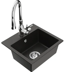 Mexen Milo, 1-komorový granitový drez 435x410x171 mm a drezová batéria Savita, čierna-zlatá metalíza, 6505-75-672601-00