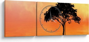 Obraz stromu pri západe slnka (s hodinami) (90x30 cm)