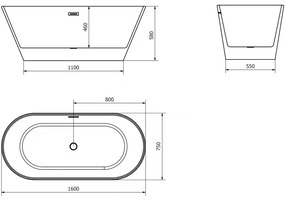Mexen Flavia, voľne stojaca vaňa 160 x 75 cm, biela-čierna, zlatý matný prepad, 54031608075-55
