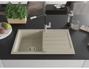 Mexen Bruno, 1-komorový granitový drez 795x495x200 mm a drezová batéria Flora, béžová, 6513-69-670401-07