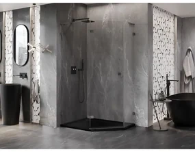 Mexen Lunar, L päťuholníkový sprchový kút naklápací doľava 90 x 80 cm, 8mm číre sklo, grafitový profil, 831L-090L-080P-95-00-L