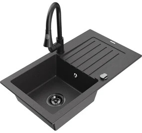 Mexen Pablo, 1-komorový granitový drez 752x436x161 mm a drezová batéria Elia, čierna škvrnitá, 6510-76-670101-70-B
