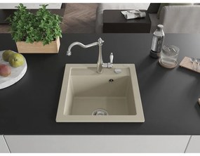 Mexen Vito, granitový drez 490x520x210 mm, 1-komorový a drezová batéria Carla, béžová, 6503-69-670700-00