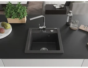 Mexen Vito, 1-komorový granitový drez 520x490x210 mm, chrómová batéria Rita, čierna škvrnitá, 6503-76-670300-00