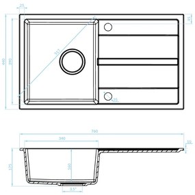 Kuchinox Viti, 1-komorový granitový drez 760x440x175 mm + sifón, šedá, LAV-SBX_511Y