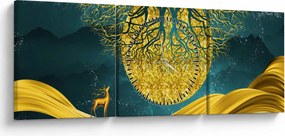 Obraz - Abstrakcia, Zlatá krajina (s hodinami) (90x30 cm)