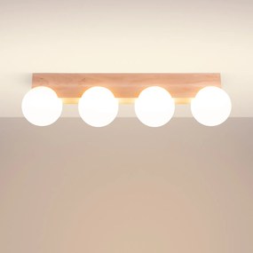 Stropné svietidlo Bulbo, 4x biele sklenené tienidlo, drevo