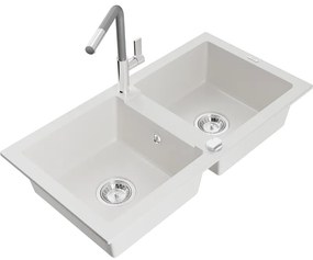 Mexen Mario, 2-komorový granitový drez 820x436x161 mm a drezová batéria Flora, biela, 6504-20-670401-06