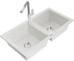 Mexen Mario, 2-komorový granitový drez 820x436x161 mm a drezová batéria Flora, biela, 6504-20-670401-06