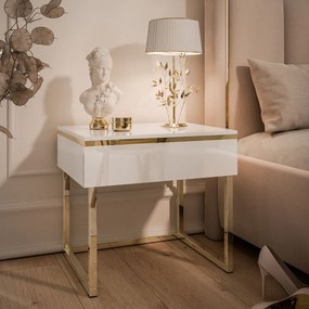 NOČNÝ STOLÍK NESSIE BIELY LESK + ZLATÝ PODSTAVEC