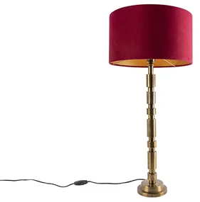 Art Deco stolná lampa bronzová 35 cm s tienidlom z červeného zamatu - Torre
