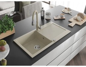 Mexen Leo, 1-komorový granitový drez 900x500x190 mm a drezová batéria Savita, béžová, 6501-69-672601-69