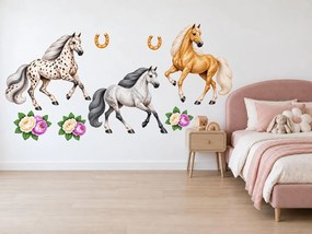 Tri kone v kluse s pivonkami romantické koňské nálepky na stenu arch 46 x 34 cm