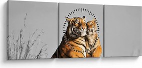 Obraz - Tigrice a jej mláďa, čiernobiely variant (s hodinami) (90x30 cm)