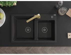Mexen Tomas, granitový drez 800x500x190 mm, 2-komorový a zlatá batéria Rita, čierna, 6516-77-670300-50-B