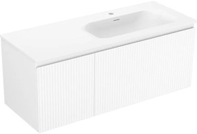 Mexen Rivel, kúpeľňová skrinka 120 cm s pravým umývadlom Vela, 1S, 1D, drážkovaná, biela matná, 91A23-12047-3-BBFF01-W23P01