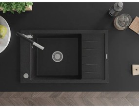 Mexen Elias, 1-komorový granitový drez 795x480x200 mm a drezová batéria Flora, čierna-strieborná metalíza, 6511-73-670401-07