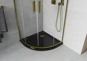Mexen Rio, štvrťkruhový sprchovací kút s posuvnými dverami 80(dvere) x 80(dvere) x 190 cm, 6mm číre sklo, zlatý profil + čierna sprchová vanička SLIM, 863-080-080-50-00-4170G