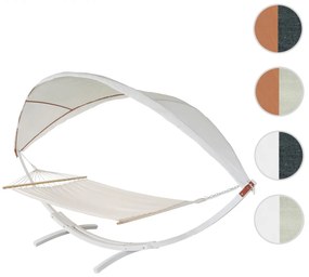 Hojdacia sieť HWC-J47 so strieškou pre 2 osoby, drevo, 420cm - biela, krémovo-biela